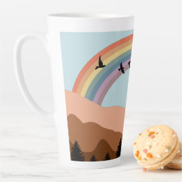 Taza De Café Latte Paisaje Resumen Árboles forestales Arcoiris y Aves