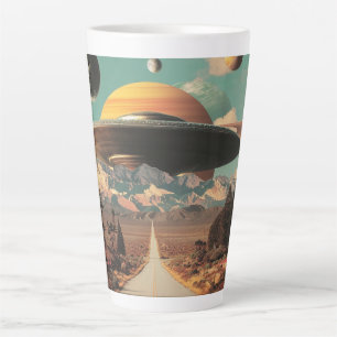 Taza De Café Latte Paisaje surrealista con carretera, ovni y Saturno