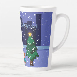Taza De Café Latte Paisaje urbano con lámpara de calle, árbol y gif