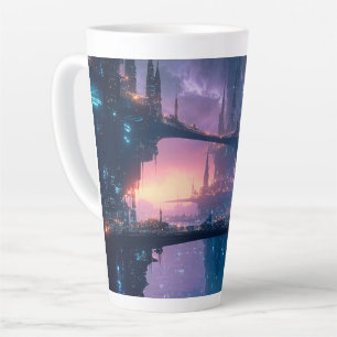 Taza De Café Latte Paisaje urbano futurista al anochecer