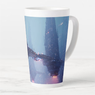 Taza De Café Latte Paisaje urbano futurista con estructuras flotantes