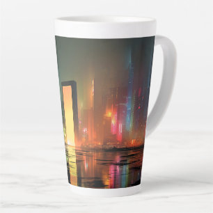 Taza De Café Latte Paisaje urbano futurista con reflejos de neón