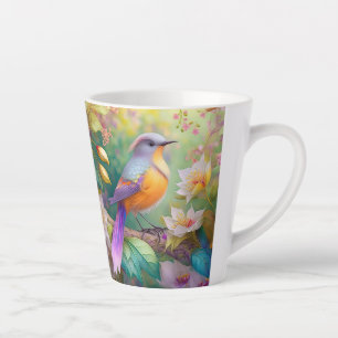 Taza De Café Latte Pájaro de fantasía de cabeza lavanda y pecho naran