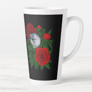 Taza De Café Latte Pájaro en un ramo de peonía rojo