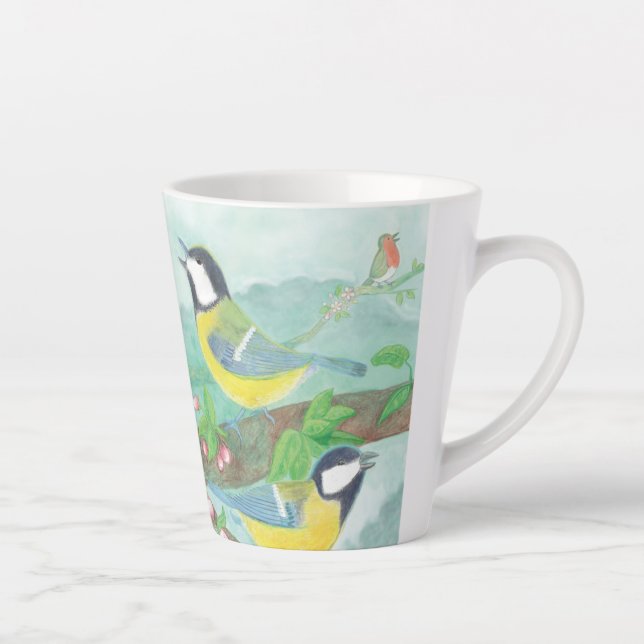Taza De Café Latte Pájaros cantando en una floreciente rama de árbole (Derecha)