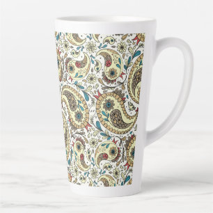 Taza De Café Latte Pájaros de paisley amarillos/marrones y blancos