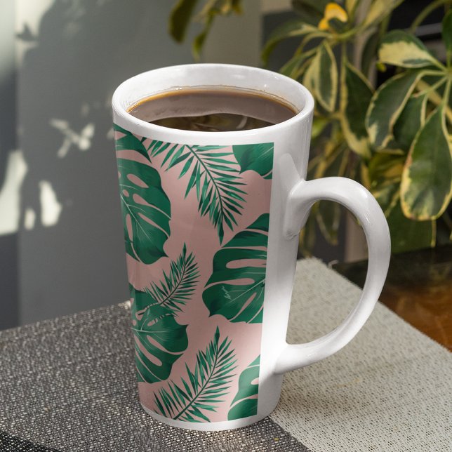Taza De Café Latte Palm rosa y verde tropical deja un patrón sin mar (Subido por el creador)
