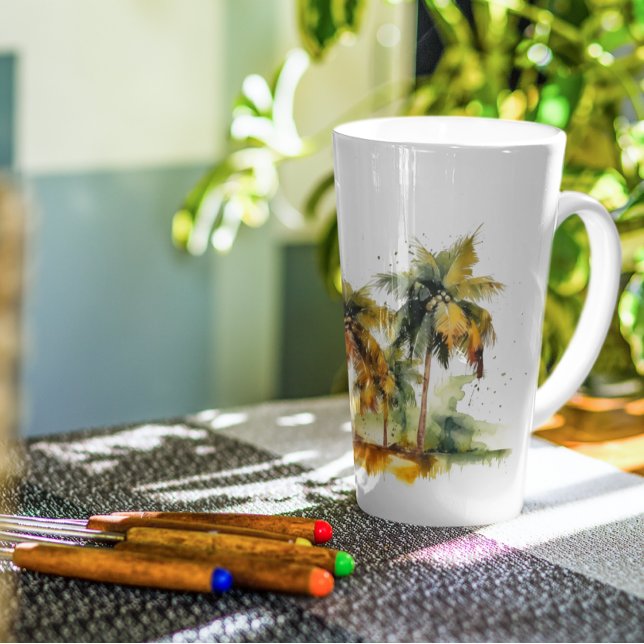 Taza De Café Latte Palmeras en trópicos acuáticos verdes y amarillos (Subido por el creador)