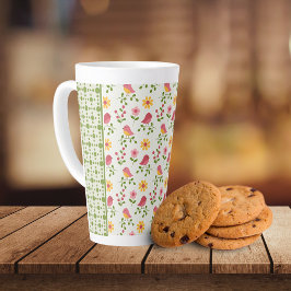 Taza De Café Latte Panel de aves de primavera rosada retro