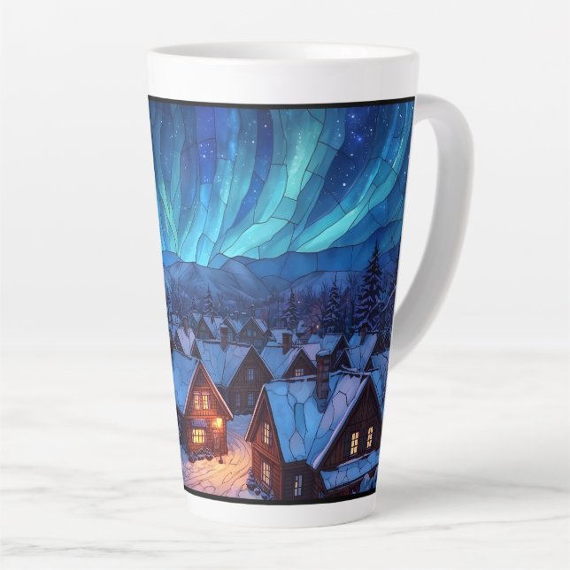 Taza De Café Latte Panoramic Stained Glass Winter Village (Ángulo derecho)