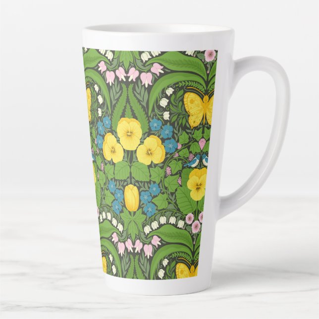 Taza De Café Latte Pansias amarillas, pájaros y mariposas (Derecha)