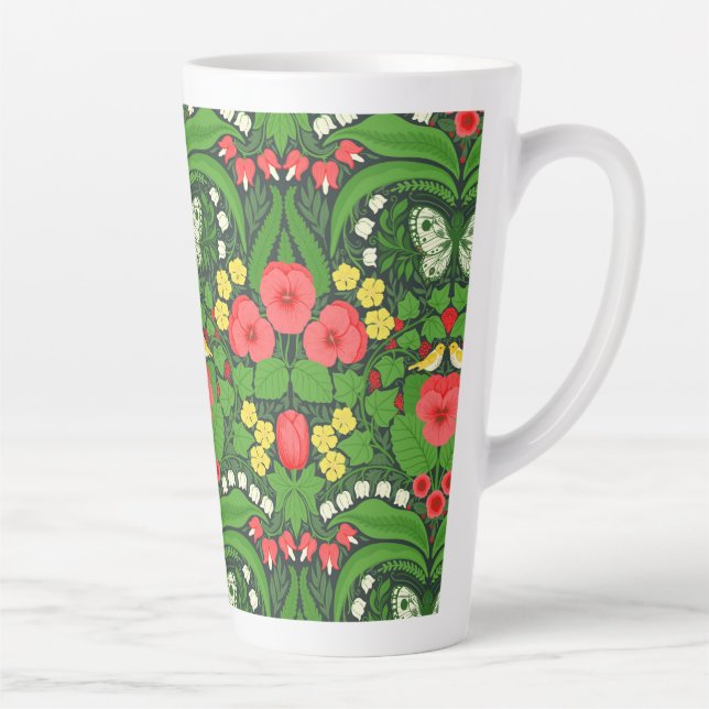 Taza De Café Latte Pansias rojas, pájaros y mariposas (Derecha)
