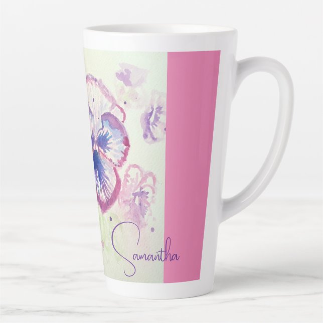 Taza De Café Latte Pansy Pansies Morado Acuarela Flor Floral Rosa (Derecha)