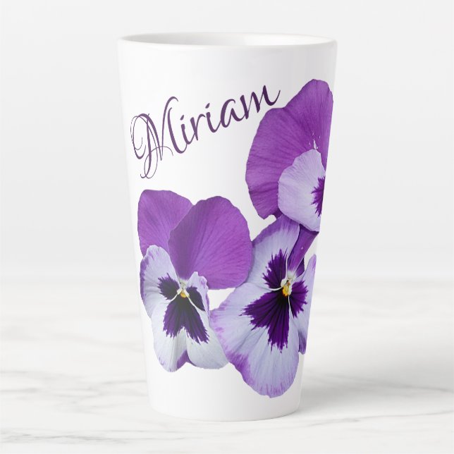 Taza De Café Latte Pañuelo morado floral Miriam nombre personalizable (Anverso)
