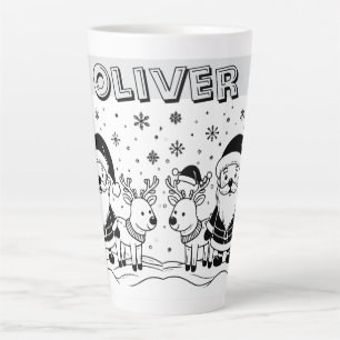 Taza De Café Latte Papá Noel blanco y negro con renos