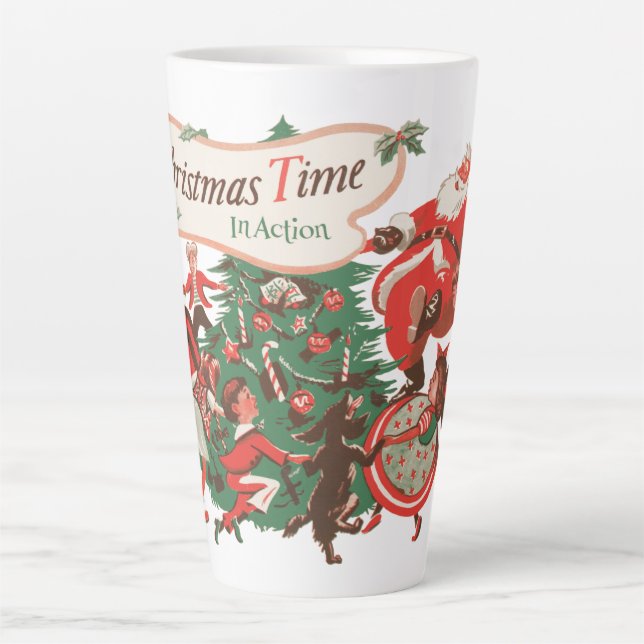 Taza De Café Latte Papá Noel de Navidad y niños bailando (Anverso)