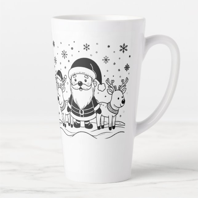 Taza De Café Latte Papá Noel negro y blanco con renos (Derecha)