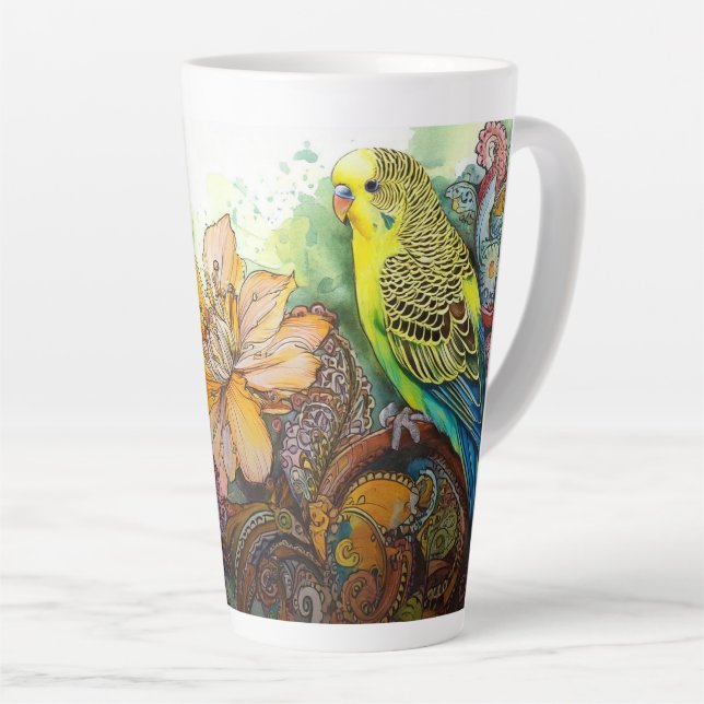 Taza De Café Latte Paracaídas amarillo con paisley y flores (Ángulo derecho)