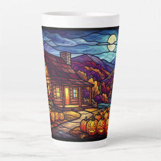 Taza De Café Latte Parche de Calabazas Iluminado por la Luna y Cabaña