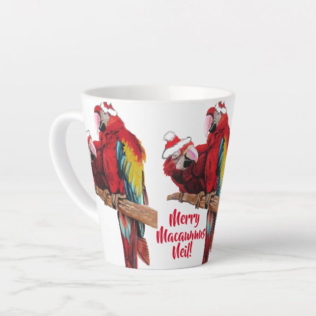 Taza De Café Latte Parrot Red Merry Christmas Macaw Latte Mug (Ángulo izquierdo)
