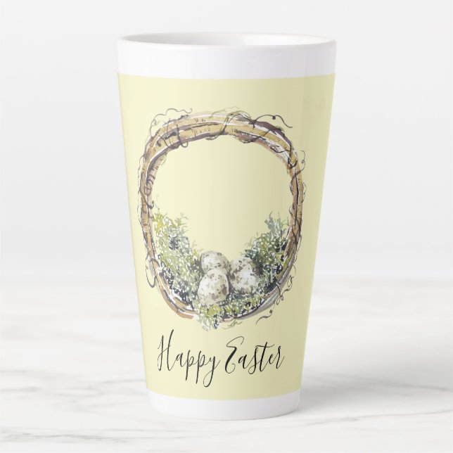 Taza De Café Latte Pascua Rústica de Acuarela y Huevos (Anverso)