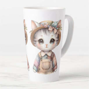 Taza De Café Latte Pastel Cottagecore Cat en overalls y Gorra de paja