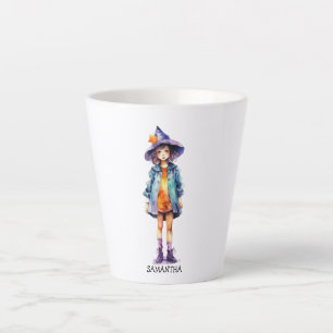 Taza De Café Latte Pastel Cute Witch Chica Halloween Estética
