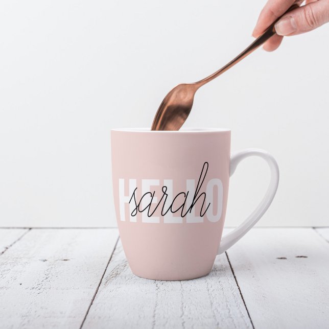 Taza De Café Latte Pastel Pink Hello Y You Name Moderno (Subido por el creador)