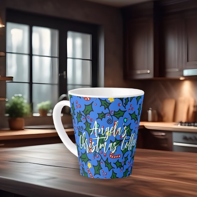 Taza De Café Latte Patrón Azul de Café de Navidad (This is a hand-drawn design.)