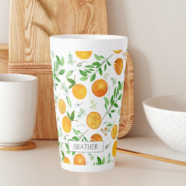Taza De Café Latte Patrón Botánico Floral de Cítrico Naranja Verano