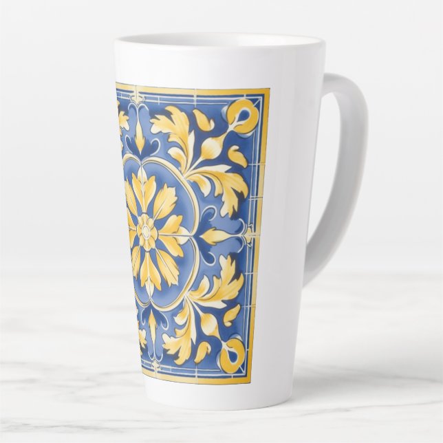 Taza De Café Latte Patrón Botánico Mediterráneo - Azul y Amarillo (Ángulo derecho)