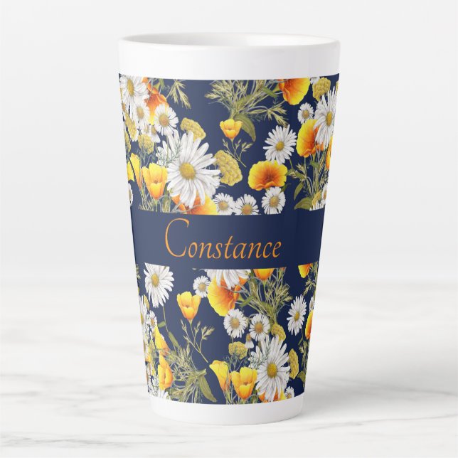 Taza De Café Latte Patrón Chamomile y Poppies Personalizado (Anverso)