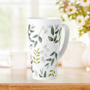 Taza De Café Latte Patrón de acuarela de hojas verdes