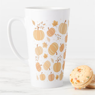 Taza De Café Latte Patrón de calabaza de cosecha de otoño y pasto de
