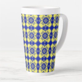 Taza De Café Latte Patrón de cuadros argyle azul amarillo