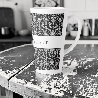 Taza De Café Latte Patrón de damasco victoriano en blanco y negro