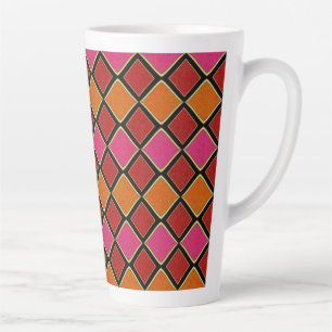 Taza De Café Latte Patrón de diamante Harlequin vibrante en rojo, nar