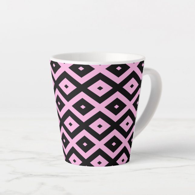 Taza De Café Latte Patrón de diamante rosa pálido y negro (Ángulo derecho)