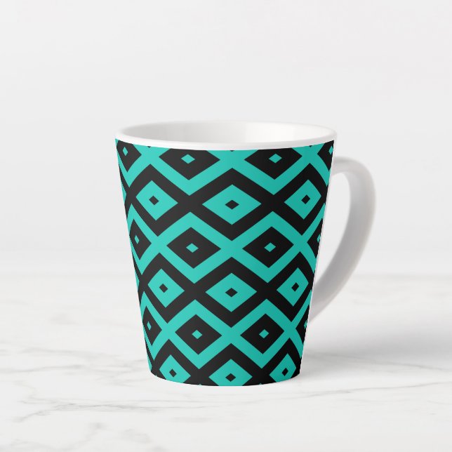 Taza De Café Latte Patrón de diamantes turquesa y negro (Ángulo derecho)