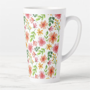 Taza De Café Latte Patrón de flores rosadas acuarela