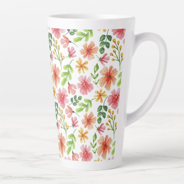 Taza De Café Latte Patrón de flores rosadas acuarela (Derecha)