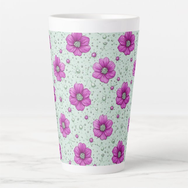 Taza De Café Latte Patrón de flores rosadas con gotas (Anverso)