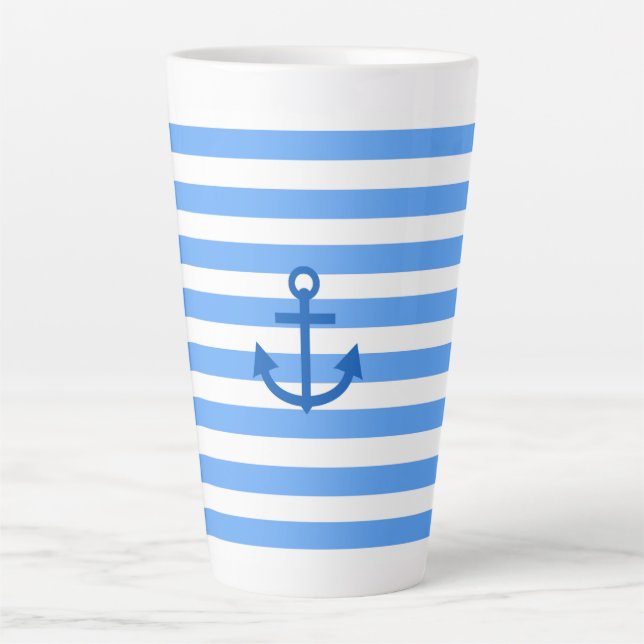 Taza De Café Latte Patrón de franja azul y blanca con anclaje (Anverso)