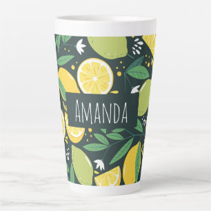 Taza De Café Latte Patrón de fruta de limón y extremidades en verde y
