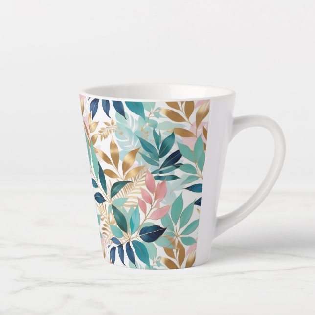 Taza De Café Latte Patrón de hojas elegantes Aqua Bonito de oro Faux  (Derecha)