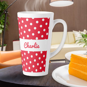 Taza De Café Latte Patrón de lunares retro rojo blanco personalizado