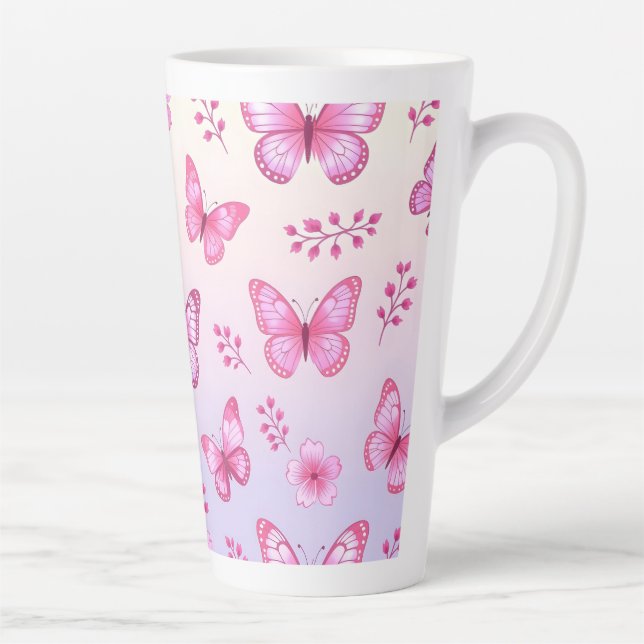 Taza De Café Latte Patrón de mariposas y flores rosas (Derecha)