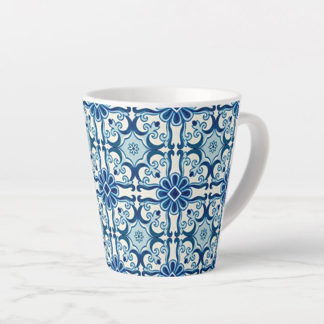 Taza De Café Latte Patrón de mosaico floral azul de Azulejos portugué (Ángulo derecho)