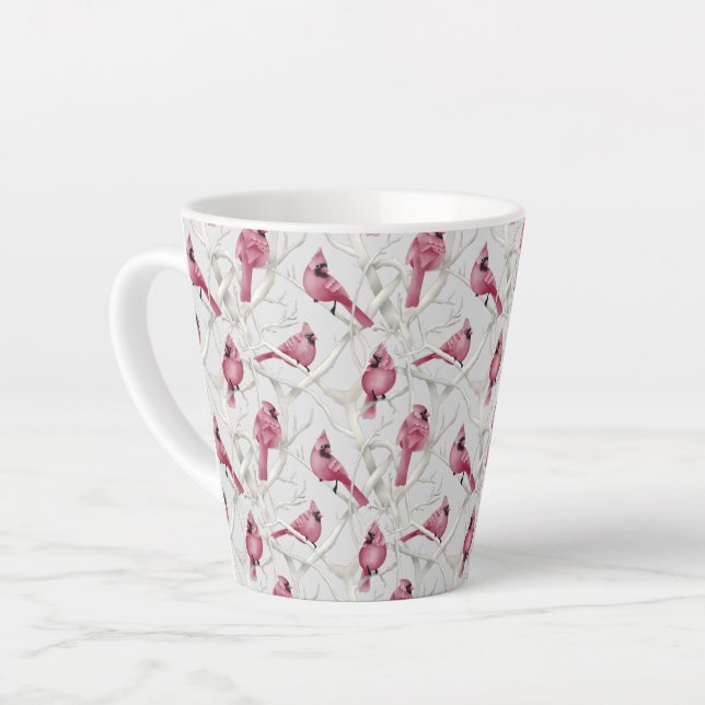 Taza De Café Latte Patrón de pájaros cardenales de Navidades rojos y  (Ángulo izquierdo)