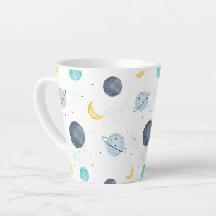 Taza De Café Latte Patrón de plano de espacio azul acuarela